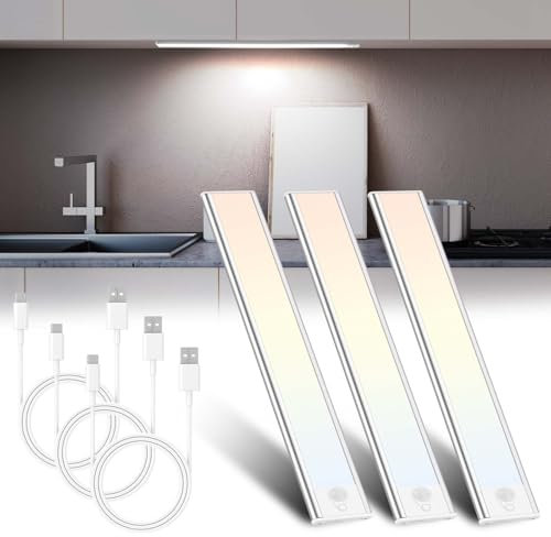 3 stycken LED-skåpbelysning med rörelsedetektor, 30 cm infälld lampa skåpbelysning, 1 500 mAh dimbar USB uppladdningsbar skåpljus, trådlös LED-ljuslist för kök, sovrum