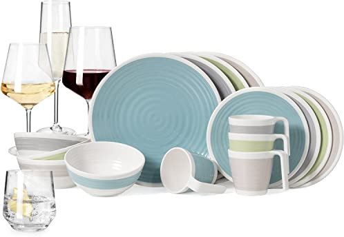 Vaisselle de camping en mélamine Harmonie 16 pièces + 16 verres à eau Milano Verres à vin Verres à champagne Flûtes Vaisselle de table pique-nique BBQ Batterie de cuisine