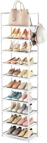 Vicye Zapatero de 10 Niveles, Estrecho y Alto para 20-25 Pares | Armario Abierto con Marco de Metal y Estantes de Tela no Tejida | para Dormitorio y Pasillo, Blanco