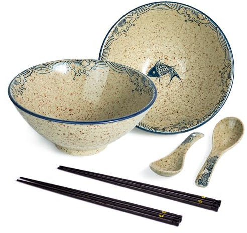 Ramen Schüssel Set 2 x 1200ml Keramik Ramen Bowl mit Essstäbchen und Löffeln,Japanisches Stil Porzellan Geschirr Suppenschüssel Groß Salatschüssel Pho Bowl,Mikrowelle & Spülmaschinenfest,Fisch