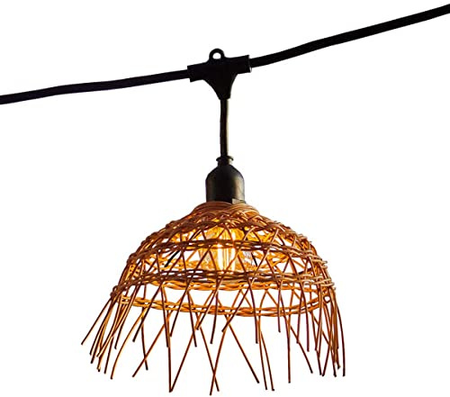 HAWAII LIGHT - Ghirlanda luminosa da esterno, 10 m, con 20 lampadine LED, filamento E27, bianco caldo, paralume in polirattan bohémien