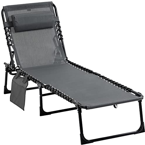 Outsunny Sonnenliege klappbar Gartenliege mit Kopfkissen, Seitentasche, Liegestuhl mit 5-Fach verstellbare Rückenlehne, wetterfeste Campingliege bis 120 kg belastbar, für Garten Strand Pool, Grau