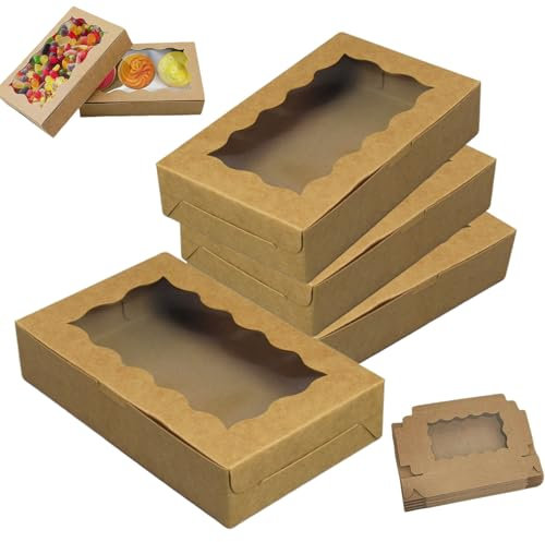 20 Stück Kraftpapier Gebäckkarton mit Sichtfenster, Tortenschachtel Weihnachtsparty Geschenkbox, Cupcake Box, Muffin Transportbox für Cupcakes Muffin Süßigkeiten Kuchen Verpackung, 17,8 x 11 x 3,9 cm
