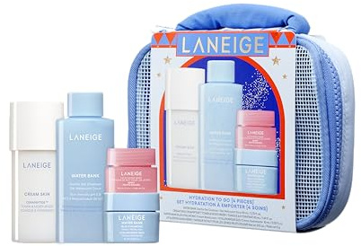 LANEIGE Hydration to Go Gift Set with Cleanser, Toner, Moisturizer & Lip Mask in Blue Mesh Travel Bag for Hydrated Skin & Soft Lips on the Go