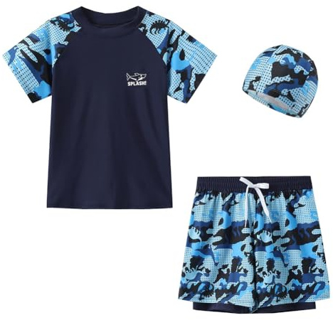 FedMois Maillot de Bain Garçon 3 pièces Combinaison Anti UV T-Shirt + Shorts de Bains avec Doublure de Compression + Bonnet de Bain, Bleu, 9-11 Ans