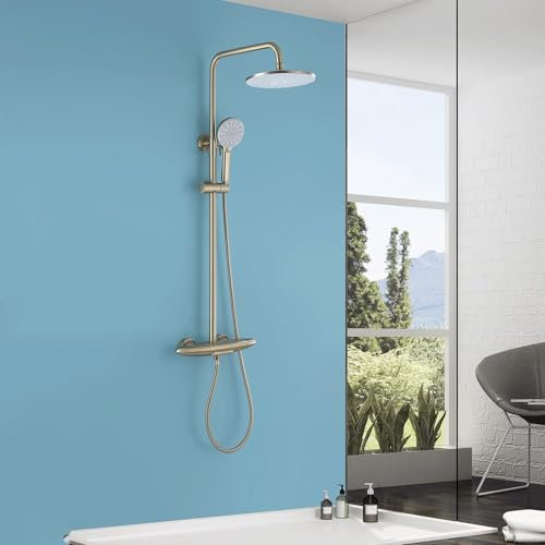 HKTHE Duschpelare, HSS0532 runt duschhuvud 25 cm, 3 funktion duschsystem, vattenfall badmun, justerbar höjd, 59A mässingsventil