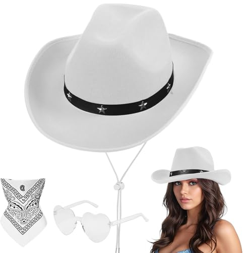 Aomig 3Pcs Cowboy Hat Fancy Dress Accessory, Cowboy Costume Set with Paisley Bandanna and Glasses, Western Cowboy Fancy Dress Costume for Birthday Halloween Bachelorette Bachelor Party Cosplay(White)