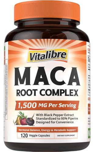Vitalibre Maca Root Capsules for Women & Men, 1500 mg Maca Root Per Serving, with Black Pepper for Max Absorption, 95% Piperine, Vitality, Mood, Metabolic Support, 120 Capsules