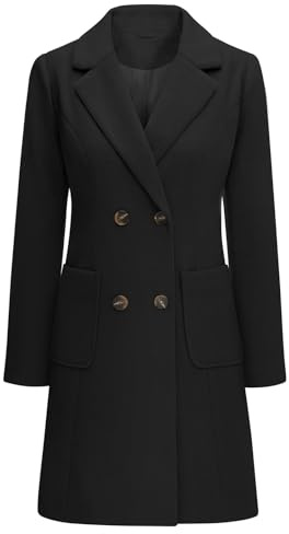 Yuson Girl Women's Coats Winter Overcoat Jackets for Women Wool Blend Coat Solid Colour Autumn Trench Pea Coat Classic Lapel Collar Warm Overcoat Double Breasted Mid-Length Jacket Outwear(Black, L)