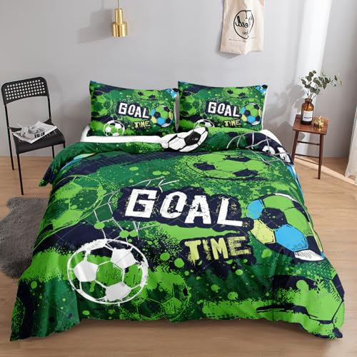 HOSIMA Fotbollssängkläder, 135 x 200 cm, grön Goal TIME, sängklädesset, 1 påslakan, 1 örngott, med dragkedja, lämplig för barn, tonåringar och vuxna