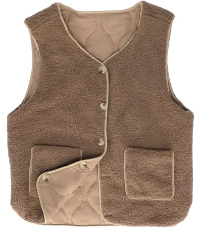 DOINEUFL Gilet da donna in pelliccia di orsacchiotto – Gilet in pile da donna per autunno inverno primavera – Morbido gilet da donna, caldo e alla moda, cachi, L