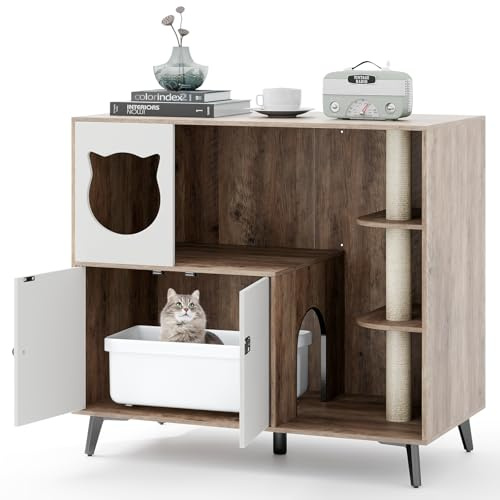 GOPLUS Meuble Litiere Chat avec Arbre a Chats, 100 x 50 x 90CM, Cache Litiere Chat avec Poteau à Gratter en Sisal, Condo, Entrée Latéral, Étagère 3 Niveau, Pieds Métal, Maison pour Chats d'Intérieur