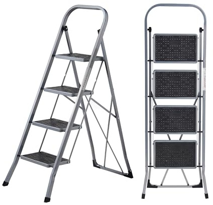 MasterWorx 4 Step Ladder | Heavy Duty Folding Steel Stepladder with Safety Handle | 150kg Max Capacity | Wide Anti-Slip Steps & Feet | Easy to Store | Ideal for Home, Kitchen, Garage & DIY Use