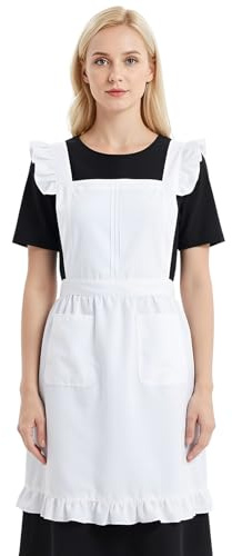 ViEinkaufen Delantal retro ajustable con volantes para mujer, disfraz de sirvienta para mujer, delantal de cocina blanco con doble bolsillo