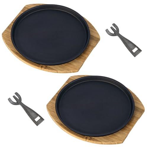 ZALIR 2 Set Sizzling Steak Plates, Iron Steak Plate with Wooden Tray and Heatproof Clip, Round Fajita Plate for Grilling and Teppanyaki, Easy to Clean