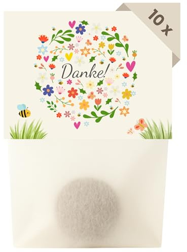 Danke Blumensamen als Gastgeschenk (10er Set Samenbomben) - Kleine Dankeschön Geschenke als Mitgebsel - Blumensamenmurmeln als Kleinigkeit für Kollegen, Kinder und Erwachsene