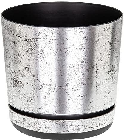 KORAD Old Silver Indoor Plant Pots with Drainage Holes and Attached Saucer, Round Modern Decorative Plastic Flowerpots for Houseplants, Succulents, 6 Sizes, 25 Colour Options- (14 cm(5.5 inches))
