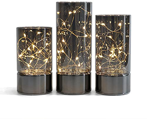 Rhytsing 3er-Set Glaszylinderlaternen mit Lichterkette, flammenlose Led Kerze mit Timerfunktion Grau