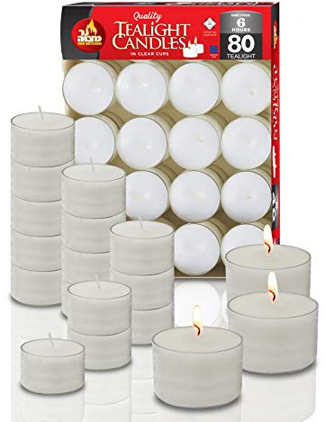 Ner Mitzvah Long Lasting Tealight Candles - 6 Hours - White in Clear Cups - Unscented - 80 Pack - Made in EU