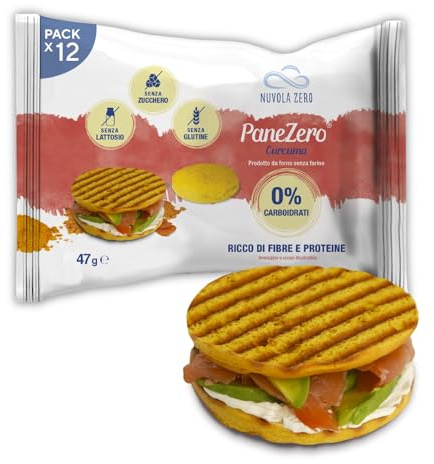 Nuvola Zero - Pane Zero Curcuma, Pain Sans Carb, Sans Sucre, Sans Lactose, Riche en Fibres et Protéines, Sans Gluten, Paquet de 12, Fabriqué en Italie