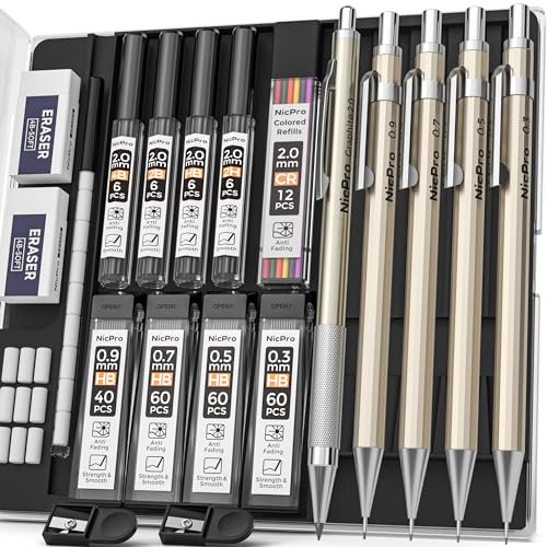 Nicpro 5 Stück Metall Druckbleistift Set mit Etui, Künstler Bleistifte mit 9 Dosen Ersatzminen 0,3, 0,5, 0,7, 0,9 und 2 mm (2H HB 2B 4B Farbige Mine), 2 Radiergummis, zum Skizzieren und Zeichnen