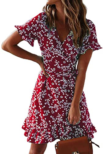 CheChury Robes Casual Femme Robe Floral Imprimé Décontracté Robe d'été Mini Robe à Manches Courtes à Col en V Robe Courte Fleurie Robe Volants Bohème Robe Imprimé Floral Elégant Slim Fit,Vin,XXL