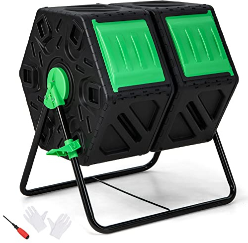 Goplus Compost Bin, Dual Chamber 34.5 Gal Compost Tumbler with 2 Rotating Chambers, Sliding Doors, High-Volume Outdoor Garden Composter, Rotating Composting Bin for Garden Yard, BPA Free