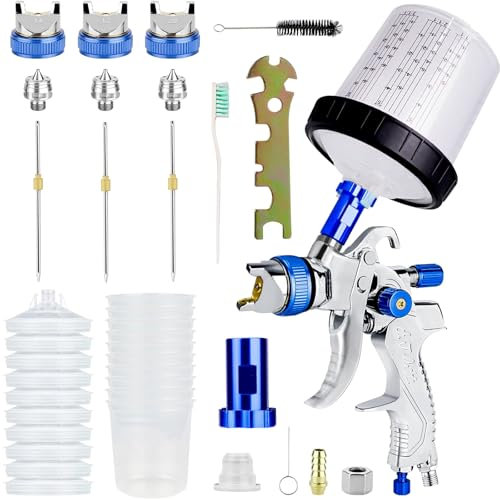 POFIBO HVLP Pistolet à peinture, Pistolet peinture air comprimé avec 10 Coupelle de 600 ml, couvercles et 3 buses (1,4 mm, 1,7 mm, 2,5 mm) - Pulvérisateurs de peinture professionnels pour voiture, mur