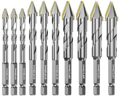 10 Pcs High Strength Eccentric Twist Drill Bit, 6/8/10/12mm High Hardness Skewed Head Eccentric Drill Bits Hexagonal Handle for Tiles Glass Hard Plastics Cement Concrete Granite (Gray)