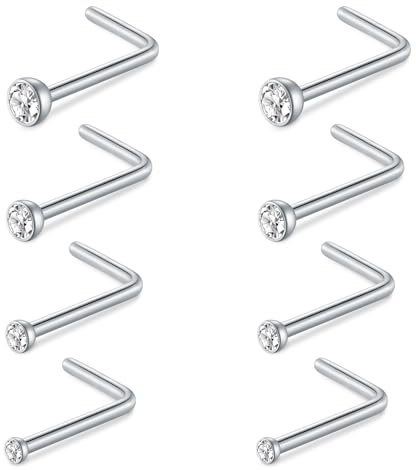 AceFun piercing nariz,8 piezas 20G 22G piercing nariz acero inoxidable perno oro plata piercing nariz forma L diamante pequeño conector nariz para mujeres hombres piercing perno nariz clara CZ