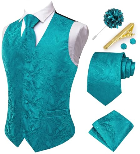 Hi-Tie Mens Suit Vest and Tie Set V-Neck Silk Paisley Formal Waistcoat Necktie Pocket Square Set for Wedding, A Teal, XL
