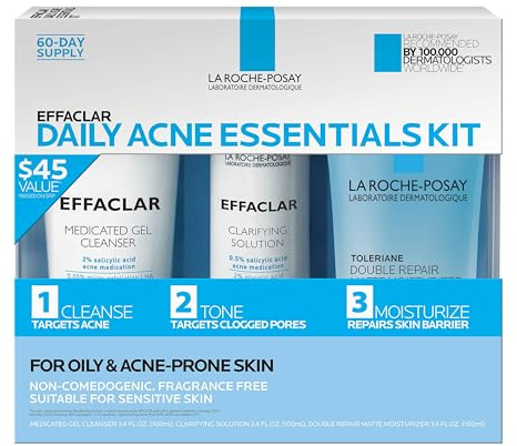 Effaclar Daily Acne Essentials Kit, Acne Treatment System, Salicylic Acid Acne Cleanser, Pore Refining Toner, & Matte Face Moisturizer for Oily Skin & Combination Skin, Oil-Free, 2 Month Supply