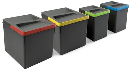 Emuca - Contenitori per cassetti da cucina con coperchio anti-odore, H 216 mm (2 x 12 L + 2 x6 L), Grigio antracite Tecnoplastica