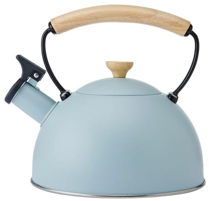 La Cafetière Whistling Kettle In Trendy Sky Blue Colour With Heat Resistant Wooden Handle, Lightweight Rust Resistant Stovetop Kettle With Flip Up Spout, Compatible With All Stove-Tops, 1.6L