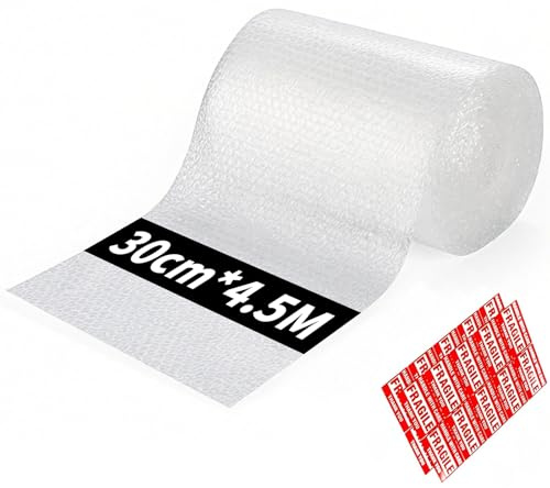 NefLaca 1 rouleau de film à bulles - 30 cm x 4,5 m - Film à bulles - Pour emballage, matériau de rembourrage, carton, emballage pour produits fragiles