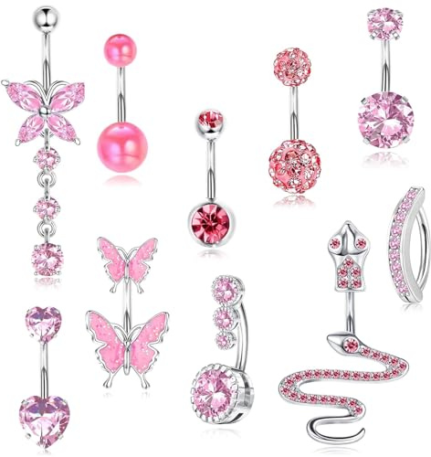 10 Piezas 14G Piercing de Ombligo para Mujer de Acero Quirúrgico con CZ Azul, Mariposa Serpiente, Anillos Clicker para Piercing de Ombligo, Juego de Joyería de Piercing de Ombligo, Piercing de Ombligo