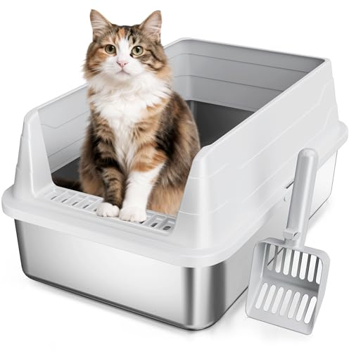 Stainless Steel Cat Litter Box for Small Cats, Odor Free Metal Litter Tray with High Sides Lid, Open Top Low Entry Litter Pan Include Scoop Easy Cleaning Kitty Cat Box Anti-Urine Leakage, Non-Sticky