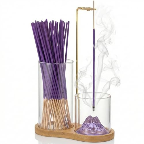 MengE Upside Down Incense Holder with 30 Lavender Sticks – Wooden Burner with Glass Ash Catcher, Joss Stick Holder for Yoga, Spa, Tea, Zen Meditation and Home Decor