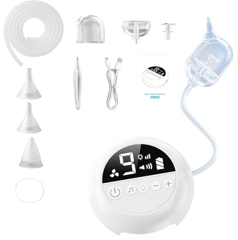 Aspirador Nasal Bebé Eléctrico, 9 Niveles de Succión, Aspirador Nasal para Bebés con Luz Nocturna y Canciones de Cuna, 3 Tamaños de Boquillas de Silicona Suave – Aspirador de Secreciones Nasales