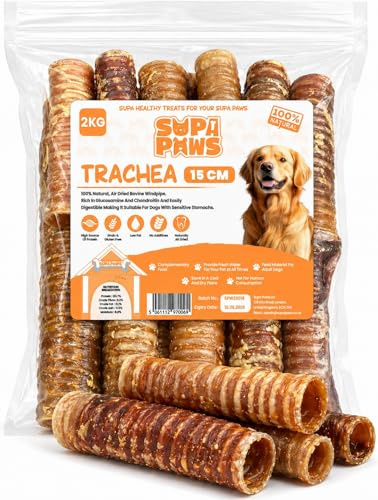 Supa Paws 2Kg Beef Trachea for Dog (48-54 Pcs) 15cm Windpipe 100% Natural Pet Treats Chews Air Dried Dog Snacks Sticks, Long-Lasting Healthy Dental Dog Chews 2 Kilo