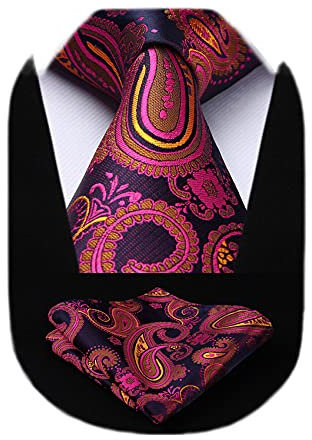HISDERN Mens Paisley Tie and Pocket Square Set Extra Long Hot Pink Ties with Handkerchief Formal Necktie for Wedding Party Business, XL, 160CM