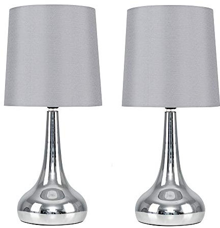 MiniSun | Modern Chrome Teardrop Touch Table Lamps with Grey Fabric Shades | Table Lamps, Home Décor & Improvement Essential | Set of 2 | Includes 5W LED Bulbs [3000K Warm White]