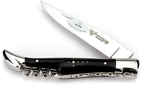 Laguiole en Aubrac - Laguiole Messer 12 cm - Griff Büffelhorn - Korkenzieher - Klinge und Backen glänzend -Taschenmesser Frankreich