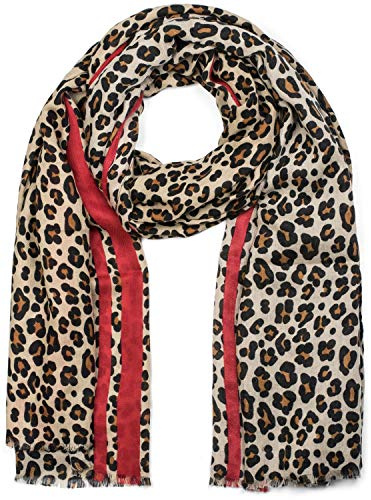 styleBREAKER Bufanda de mujer con estampado de leopardo y rayas de color | Material suave con flecos | Pañuelo con estampado animal en talla única, Marrón-rojo