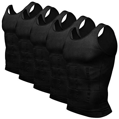 Odoland Mens 5 Pack Body Shaper Slimming Tummy Vest Thermal Compression Shirt Tank Top Shapewear, Black*5, L