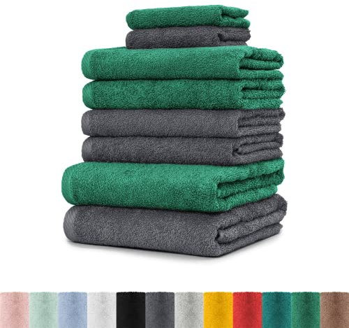 BaSaTex - 8er Pack Handtuch Komplett-Set - Frottee-Handtücher mit Aufhängeschlaufe 4X Handtuch, 2X Duschtuch, 2X Gästetuch - Premium Gästetücher Öko-Tex Standard 100 Zertifiziert - Anthrazit Smaragd