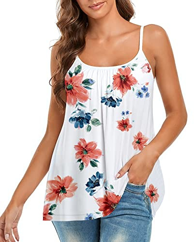 Built in Bra Tank Top with Shelf Bra Cup for Legging Spaghetti Strap Summer Top with Padded Bra Shelf Bra for Sports Yoga Floral Print L