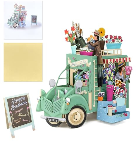AIBAOBAO 3D Pop Up Happy Birthday Card Handmade Float Pattern Card, Flowers Cart Greeting Card, Folded Happy Birthday Greeting Card with Envelope for Women, Men, Family, Friend, Girl, Boy