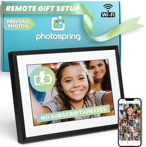 PhotoSpring med batteri, 10 tum WiFi digital ram, ingen prenumeration, e-postapp webb, USA företag, 32 gb, pekskärm, spela upp videor upp till 5 minuter