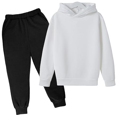 Tuta da ginnastica per ragazzi e ragazze, 2 pezzi, con felpa con cappuccio e pantaloni da jogging, tinta unita, 3-14 anni, 11-12 anni